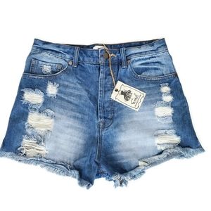 Easel Los Angeles Distressed Denim Shorts High Rise NWT Size Small Button Fly